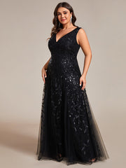 Plus Size Sleeveless V-Neck Sequined A-Line Evening Dresses