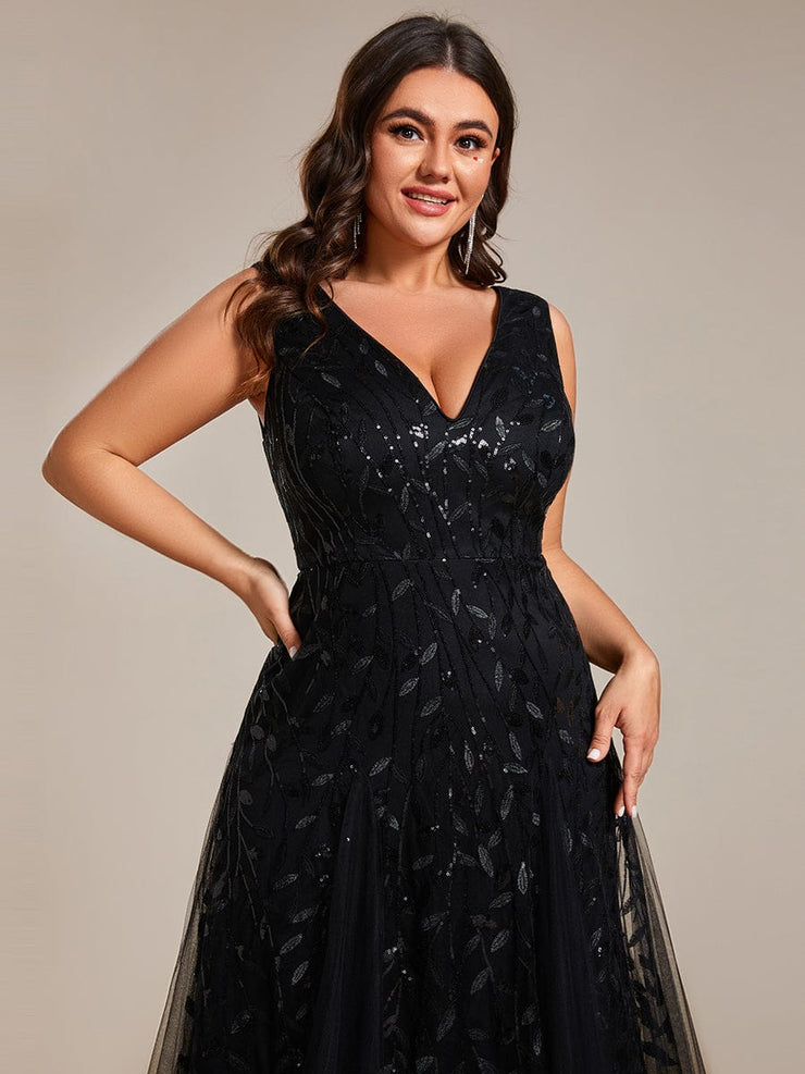 Plus Size Sleeveless V-Neck Sequined A-Line Evening Dresses