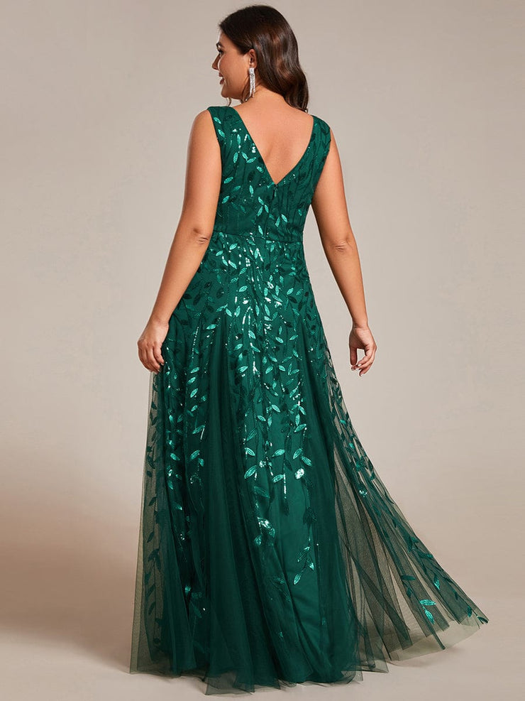 Plus Size Sleeveless V-Neck Sequined A-Line Evening Dresses