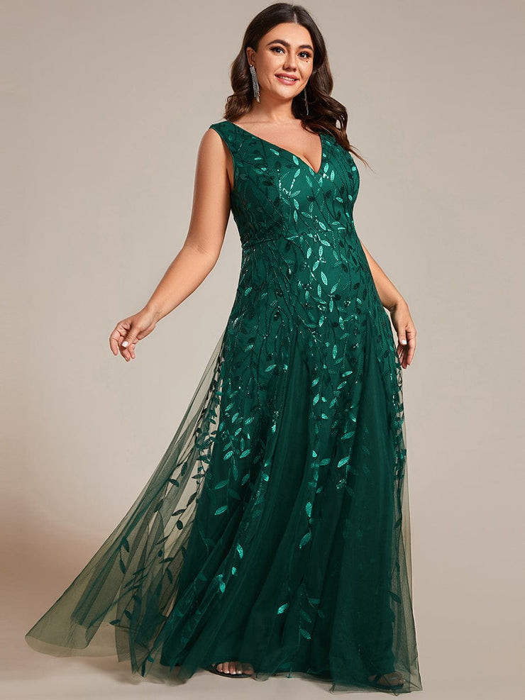 Plus Size Sleeveless V-Neck Sequined A-Line Evening Dresses