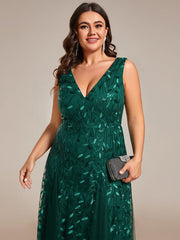 Plus Size Sleeveless V-Neck Sequined A-Line Evening Dresses