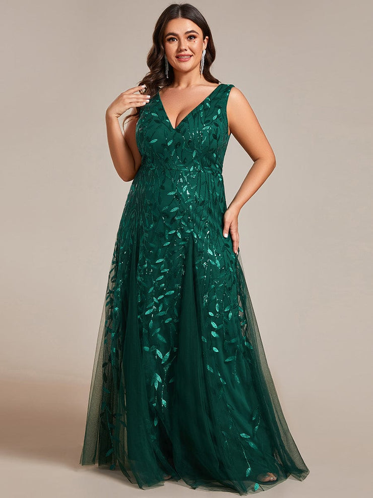 Plus Size Sleeveless V-Neck Sequined A-Line Evening Dresses