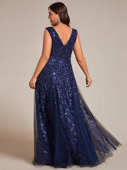 Plus Size Sleeveless V-Neck Sequined A-Line Evening Dresses