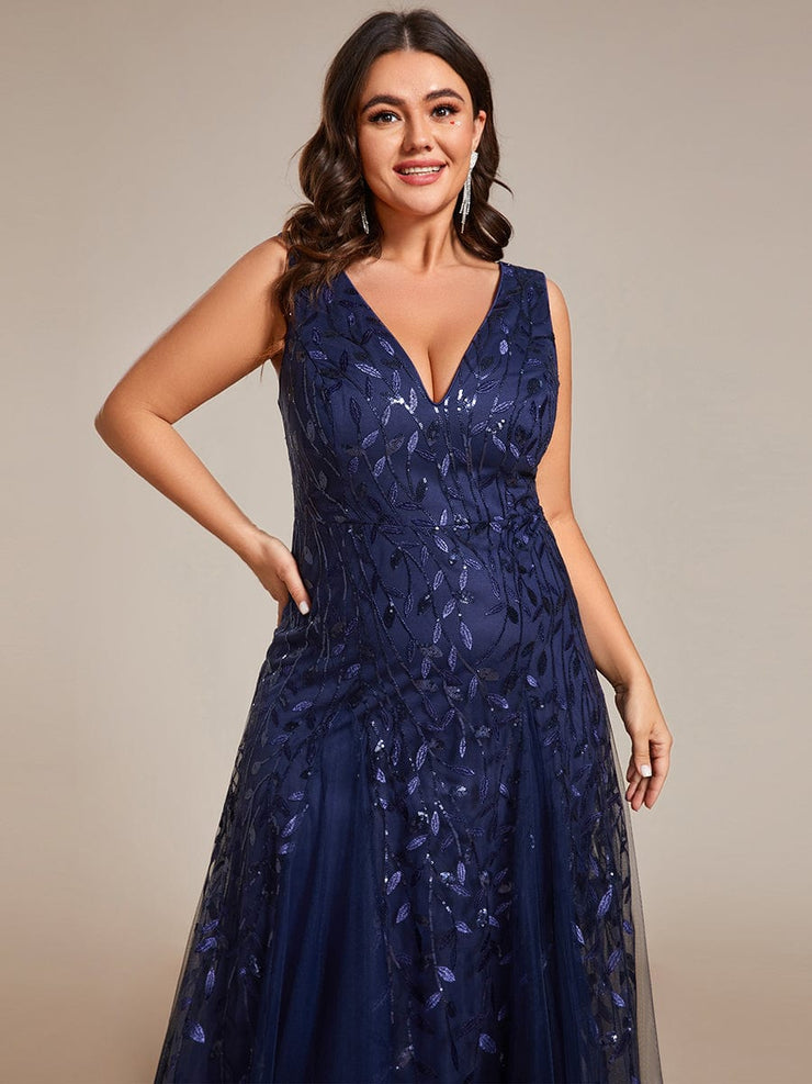 Plus Size Sleeveless V-Neck Sequined A-Line Evening Dresses