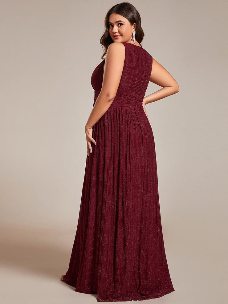 Plus Size V-Neck Sleeveless A-Line Evening Dress with Subtle Glitter