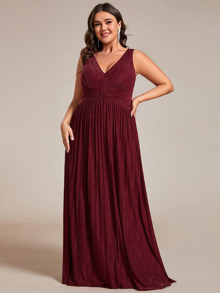 Plus Size V-Neck Sleeveless A-Line Evening Dress with Subtle Glitter