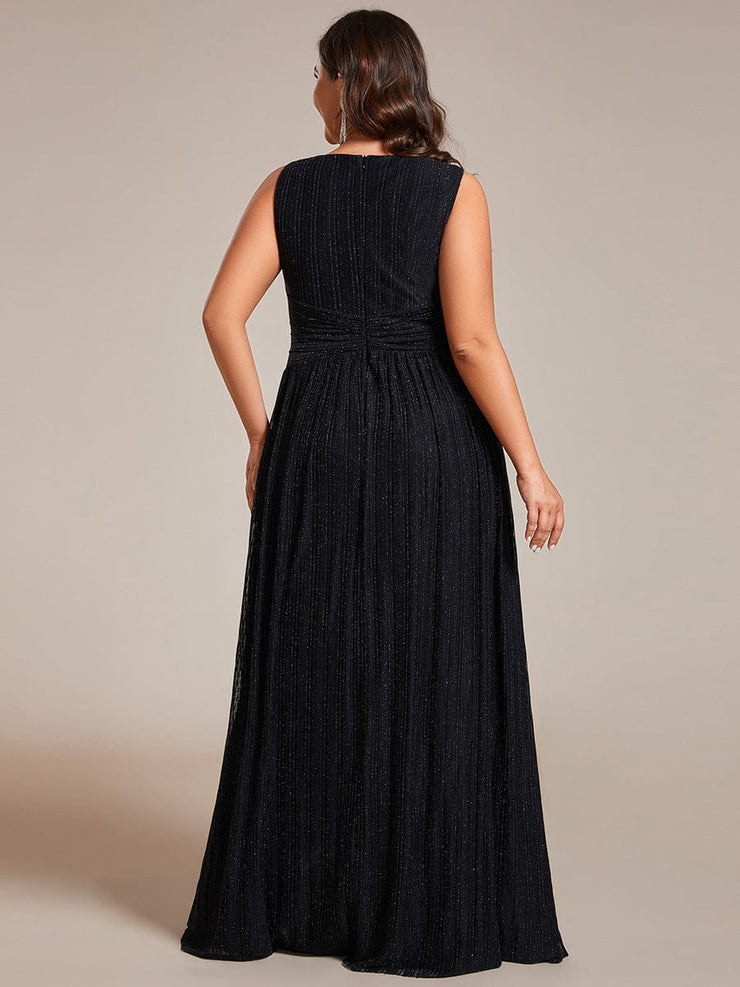 Plus Size V-Neck Sleeveless A-Line Evening Dress with Subtle Glitter