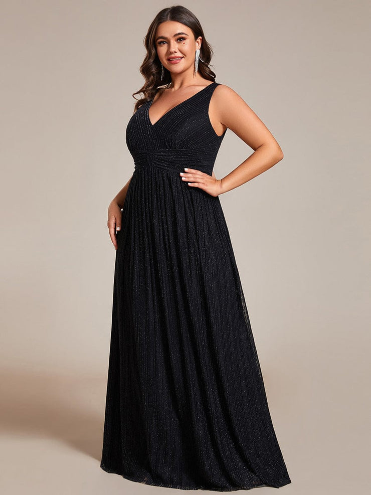 Plus Size V-Neck Sleeveless A-Line Evening Dress with Subtle Glitter