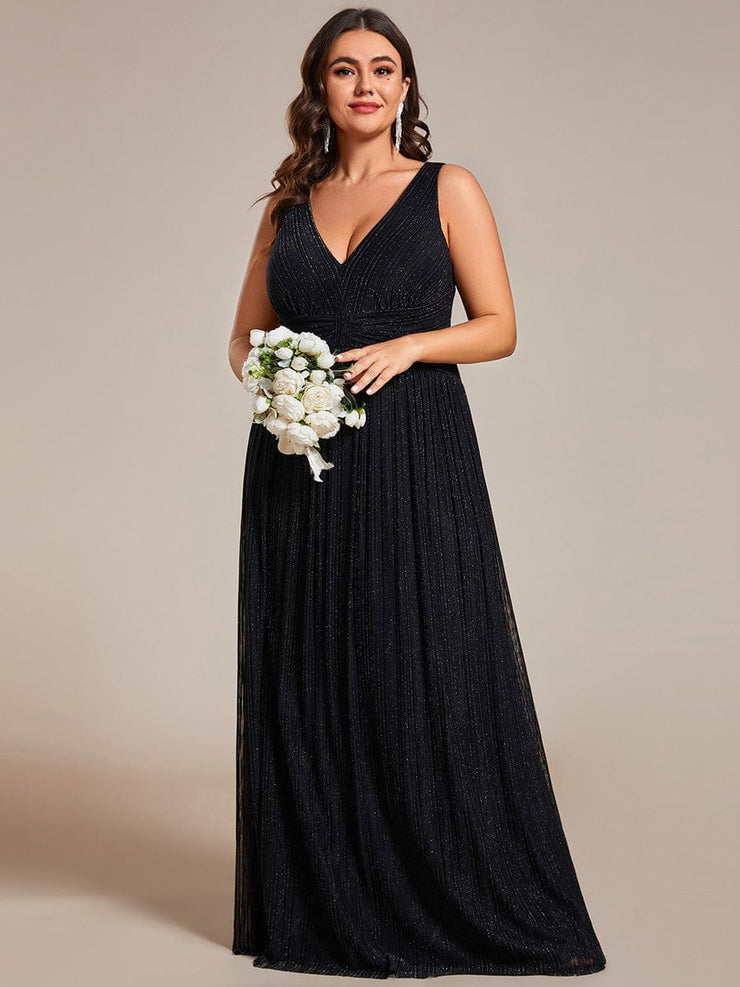 Plus Size V-Neck Sleeveless A-Line Evening Dress with Subtle Glitter