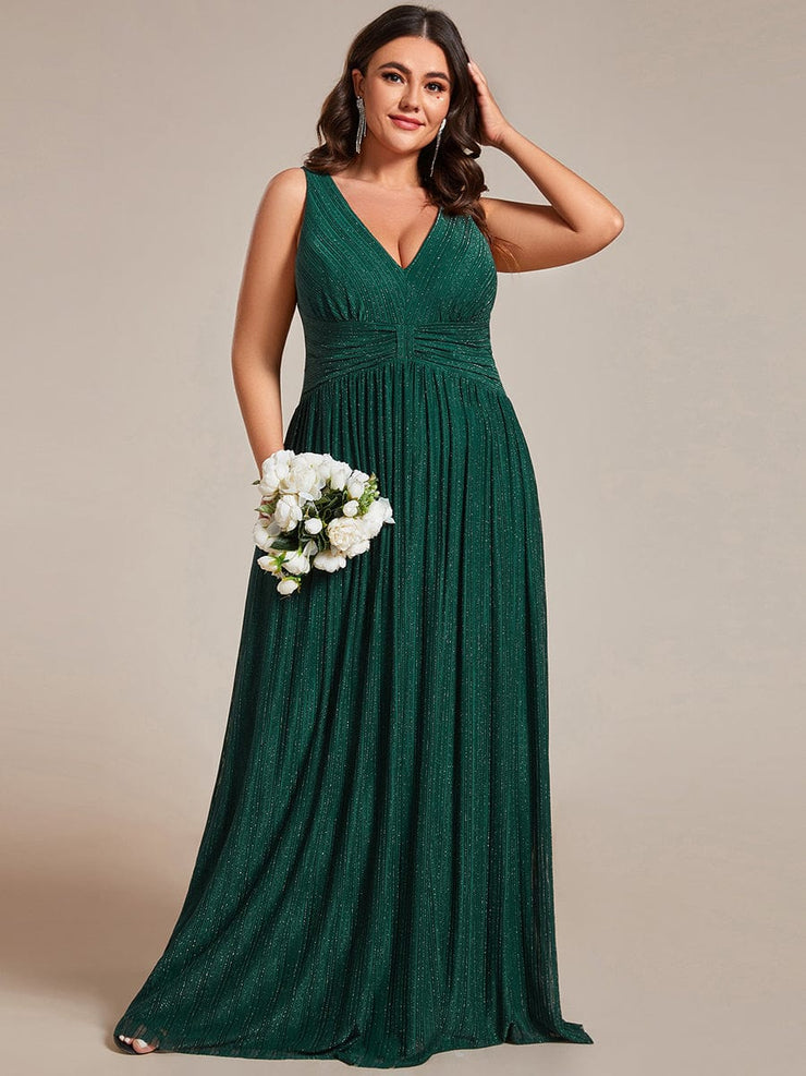 Plus Size V-Neck Sleeveless A-Line Evening Dress with Subtle Glitter