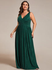 Plus Size V-Neck Sleeveless A-Line Evening Dress with Subtle Glitter