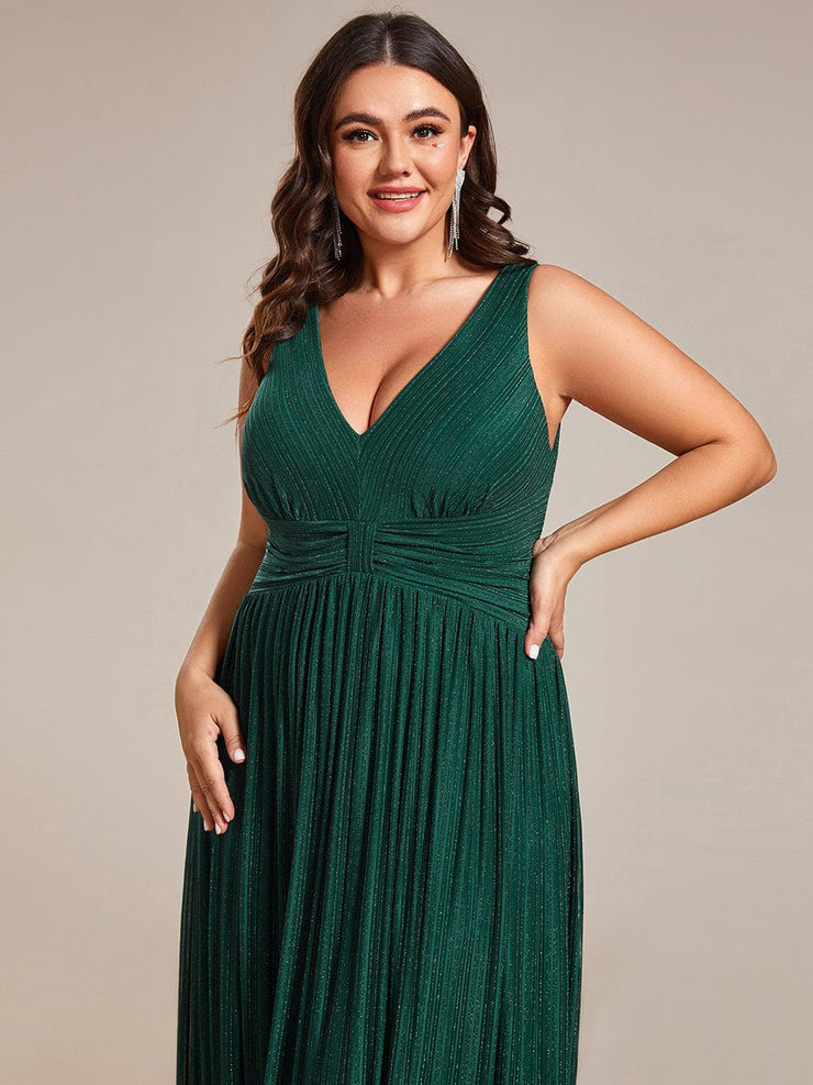 Plus Size V-Neck Sleeveless A-Line Evening Dress with Subtle Glitter