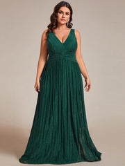 Plus Size V-Neck Sleeveless A-Line Evening Dress with Subtle Glitter