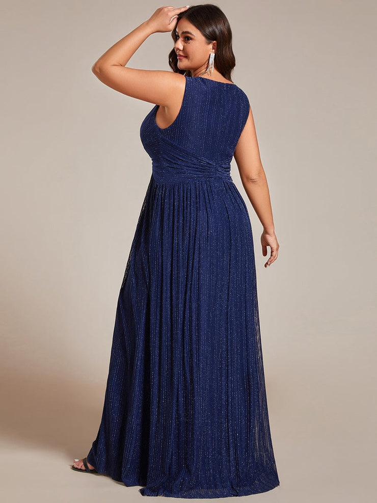 Plus Size V-Neck Sleeveless A-Line Evening Dress with Subtle Glitter