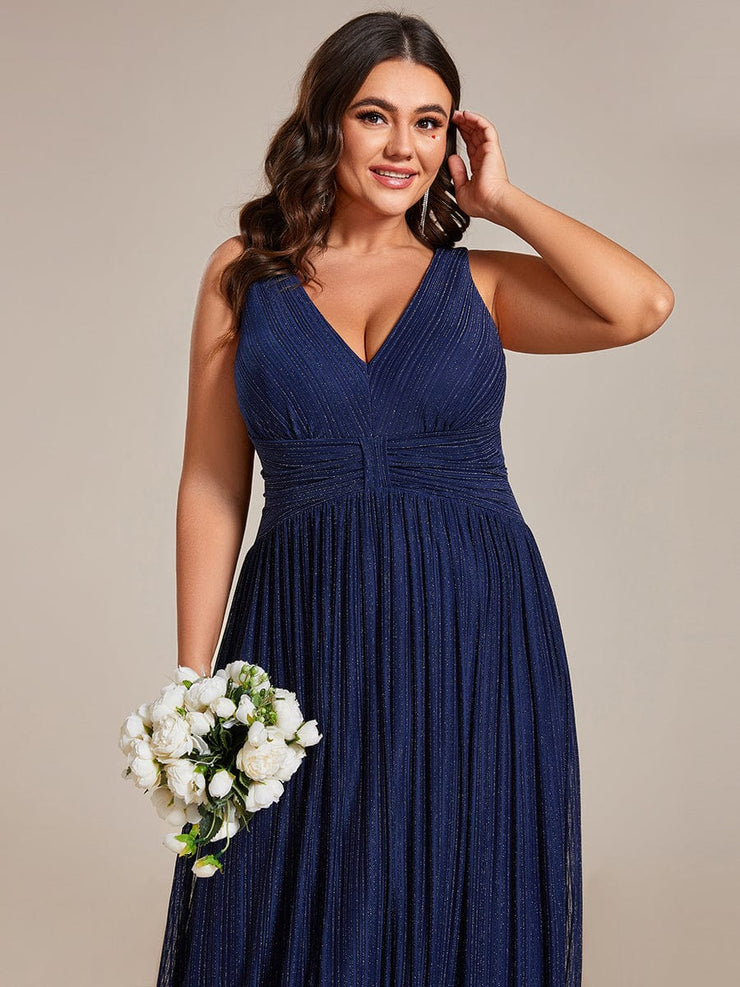 Plus Size V-Neck Sleeveless A-Line Evening Dress with Subtle Glitter