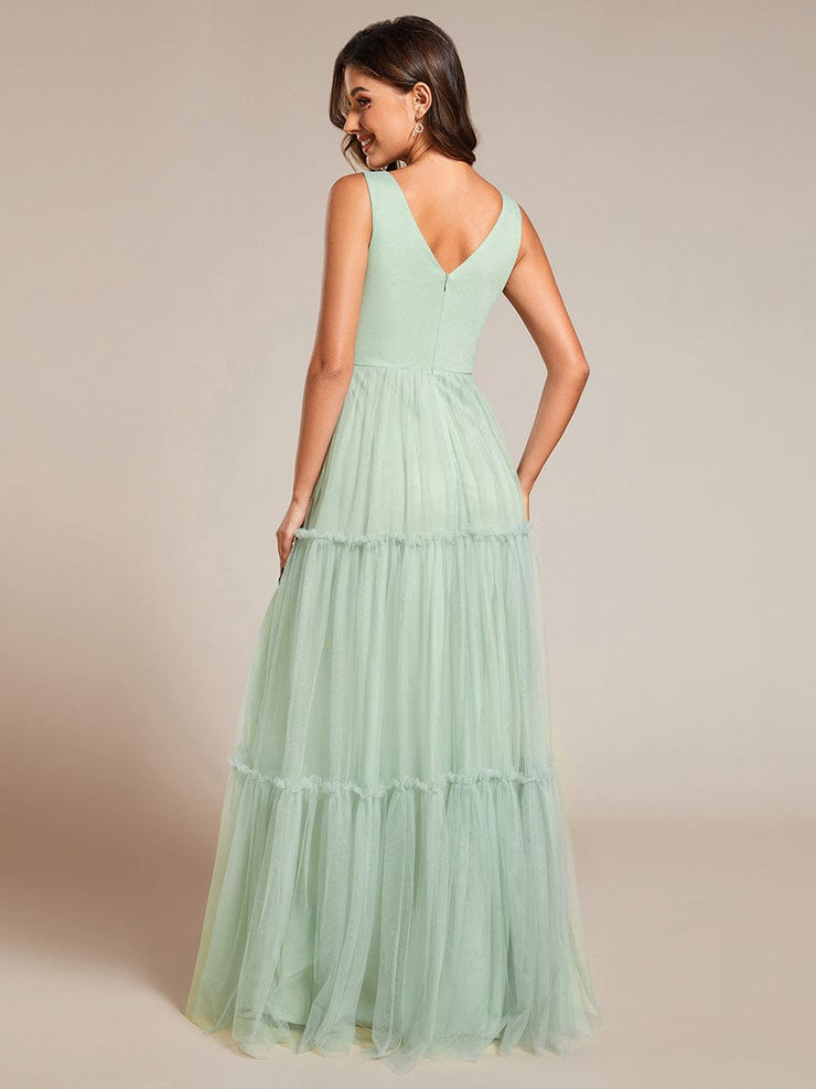 Sleeveless See-Through Applique Tulle Evening Dress