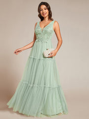 Sleeveless See-Through Applique Tulle Evening Dress