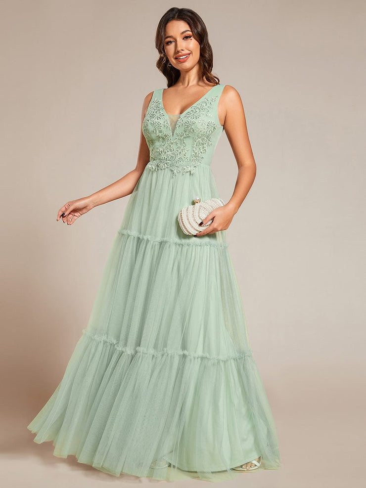 Sleeveless See-Through Applique Tulle Evening Dress