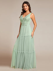 Sleeveless See-Through Applique Tulle Evening Dress