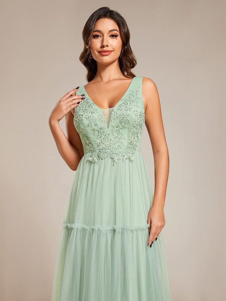 Sleeveless See-Through Applique Tulle Evening Dress