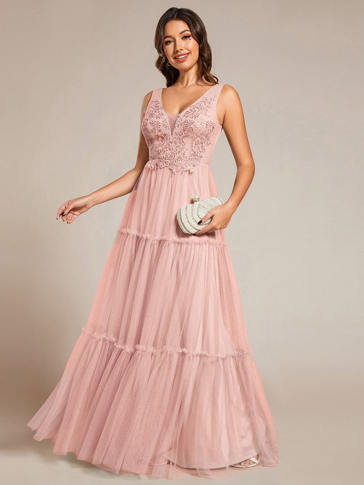 Sleeveless See-Through Applique Tulle Evening Dress