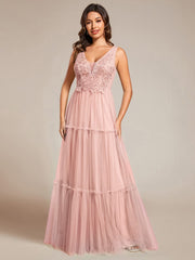 Sleeveless See-Through Applique Tulle Evening Dress