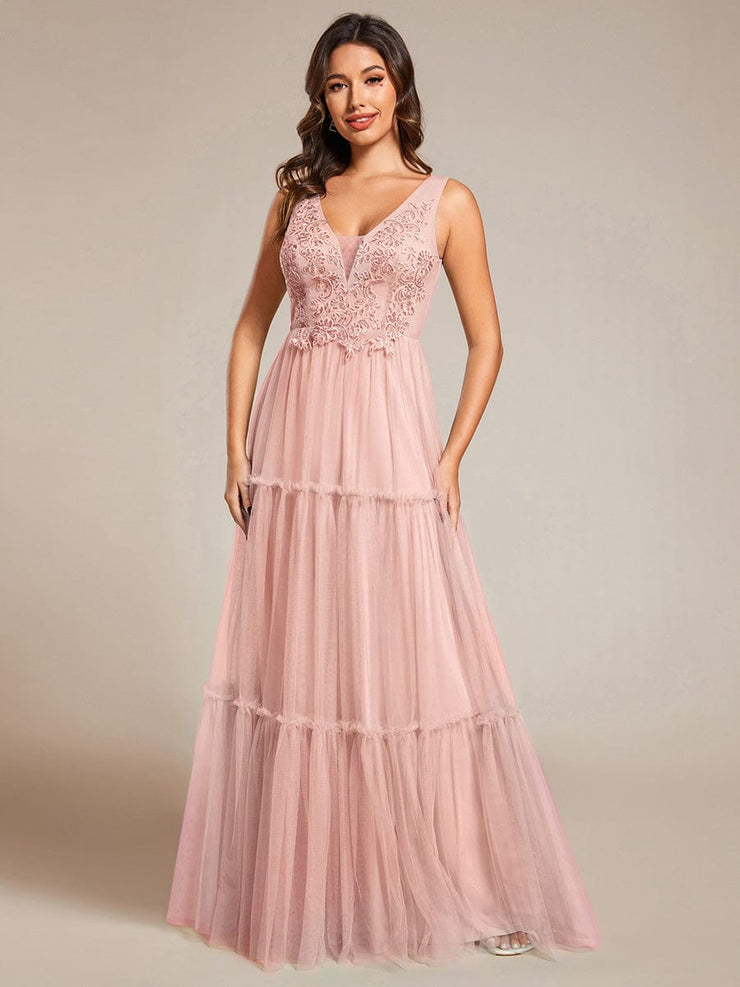 Sleeveless See-Through Applique Tulle Evening Dress