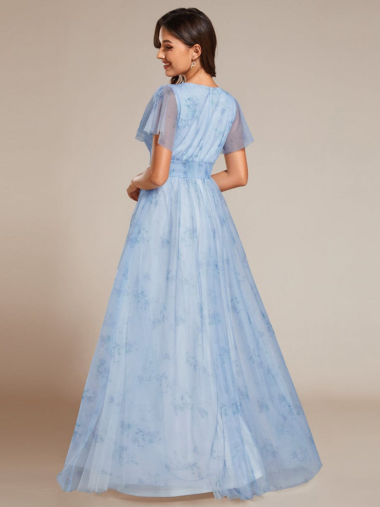 A-Line Floral Tulle V-Neck Evening Dress with Short Sleeve