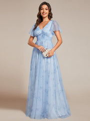 A-Line Floral Tulle V-Neck Evening Dress with Short Sleeve