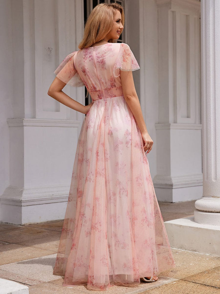 A-Line Floral Tulle V-Neck Evening Dress with Short Sleeve