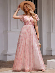 A-Line Floral Tulle V-Neck Evening Dress with Short Sleeve