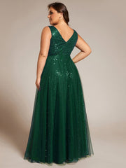 Sequined V-Neck Sleeveless See-Through Tulle Evening Dress