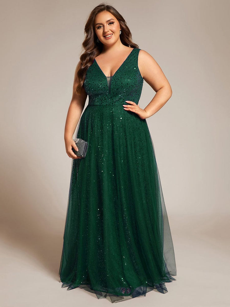 Sequined V-Neck Sleeveless See-Through Tulle Evening Dress