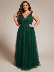 Sequined V-Neck Sleeveless See-Through Tulle Evening Dress