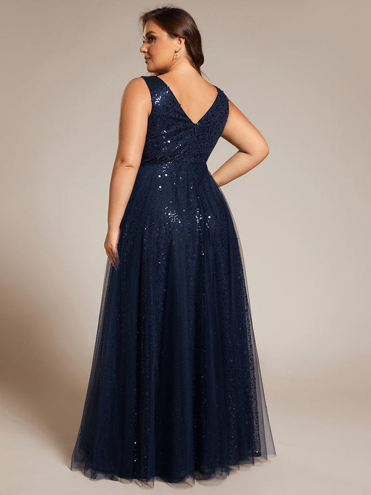 Sequined V-Neck Sleeveless See-Through Tulle Evening Dress