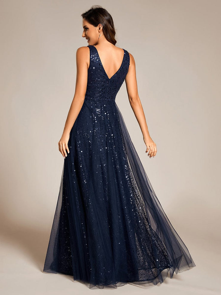 Sequined V-Neck Sleeveless See-Through Tulle Evening Dress