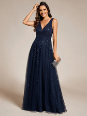 Sequined V-Neck Sleeveless See-Through Tulle Evening Dress