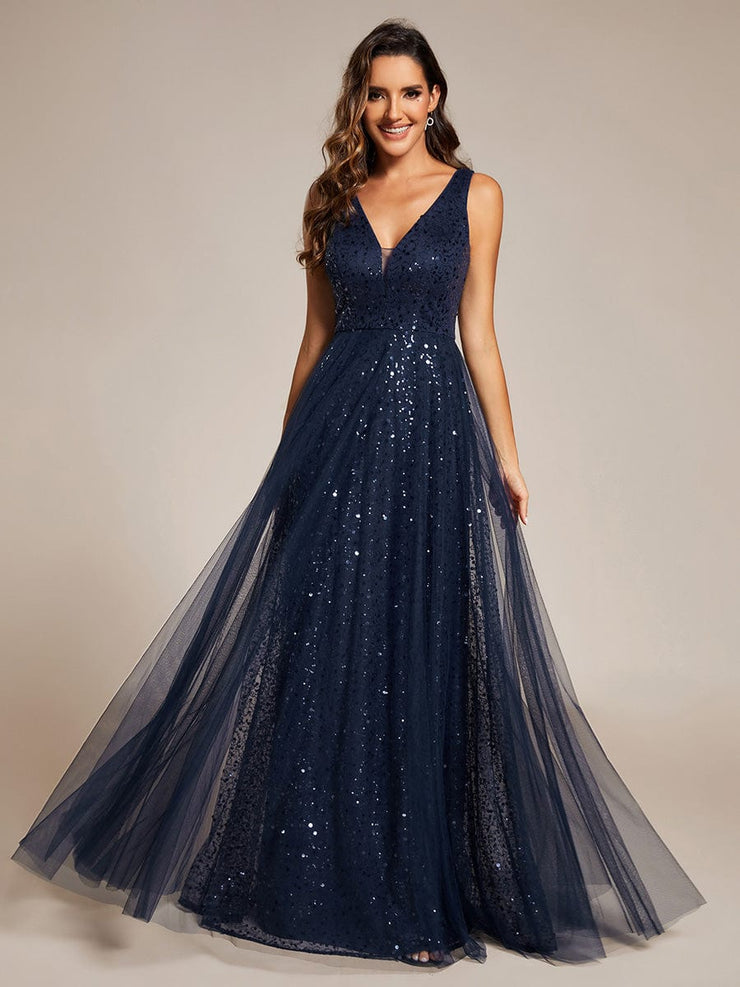 Sequined V-Neck Sleeveless See-Through Tulle Evening Dress