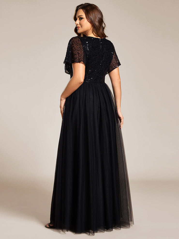 Plus Size A-Line Short Sleeve Tulle Evening Dress with Sequin Details