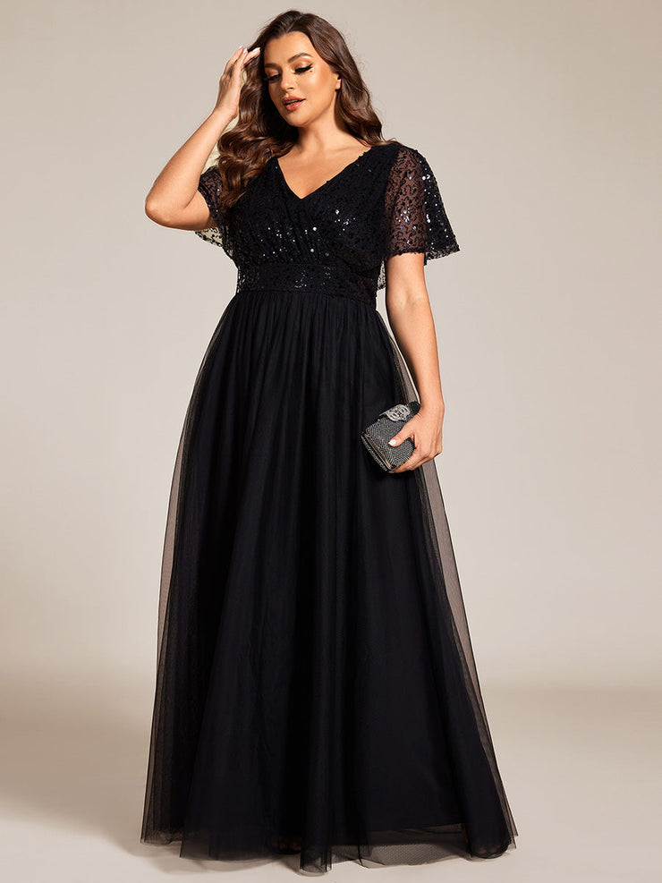 Plus Size A-Line Short Sleeve Tulle Evening Dress with Sequin Details