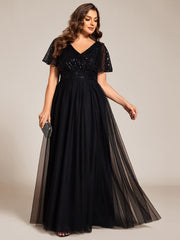 Plus Size A-Line Short Sleeve Tulle Evening Dress with Sequin Details