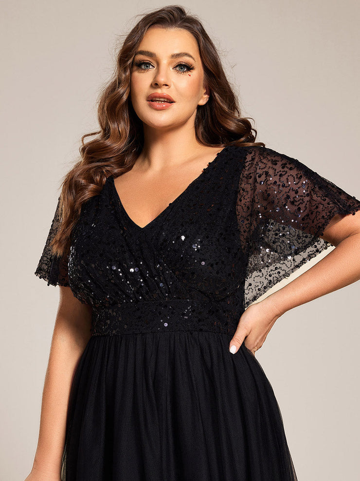 Plus Size A-Line Short Sleeve Tulle Evening Dress with Sequin Details