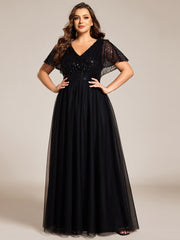 Plus Size A-Line Short Sleeve Tulle Evening Dress with Sequin Details