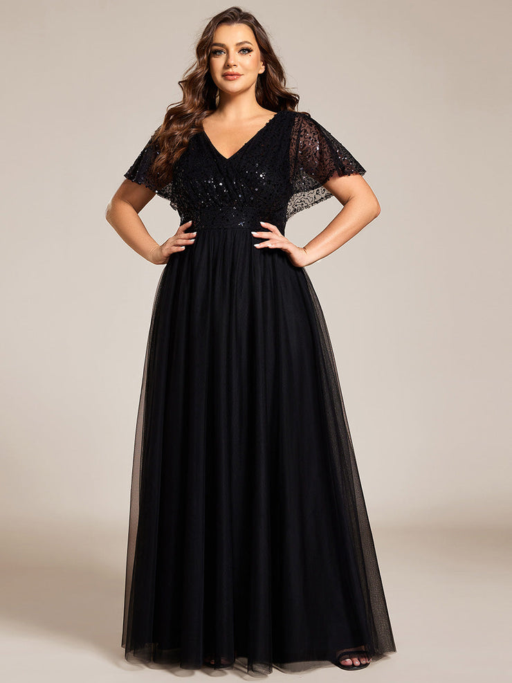 Plus Size A-Line Short Sleeve Tulle Evening Dress with Sequin Details