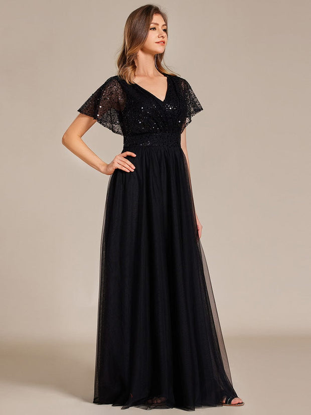 A-Line Short Sleeve Tulle Evening Dress with Sequin Embellishments