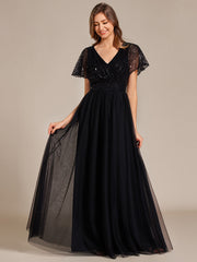 A-Line Short Sleeve Tulle Evening Dress with Sequin Embellishments