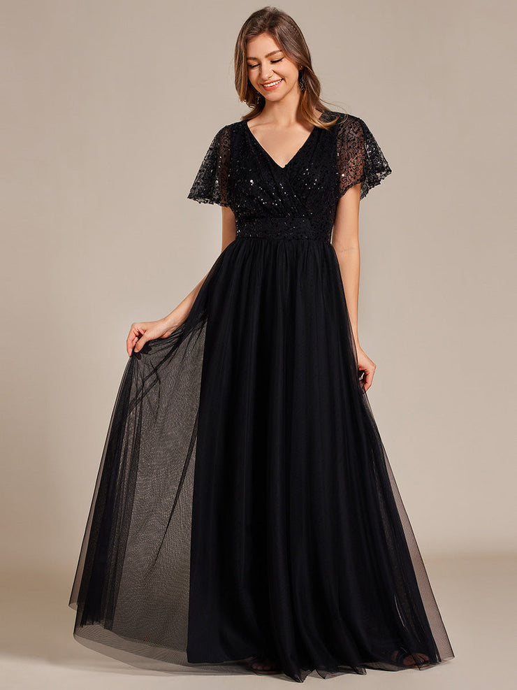 A-Line Short Sleeve Tulle Evening Dress with Sequin Embellishments