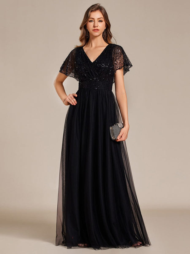 A-Line Short Sleeve Tulle Evening Dress with Sequin Embellishments