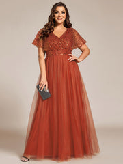 Plus Size A-Line Short Sleeve Tulle Evening Dress with Sequin Details