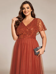 Plus Size A-Line Short Sleeve Tulle Evening Dress with Sequin Details